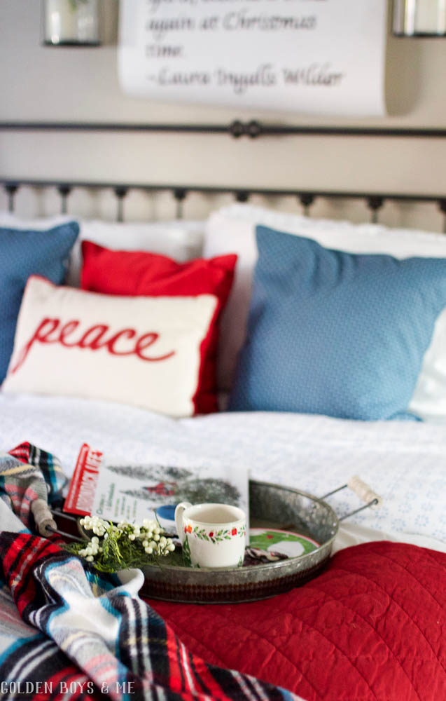 Galvanized tray in master bedroom with Christmas decor