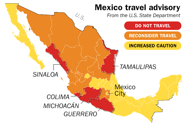 Estados Unidos recomienda no viajar a varios estados mexicanos. Alerta máxima 4 de 4  Mexico-travel-warning-map