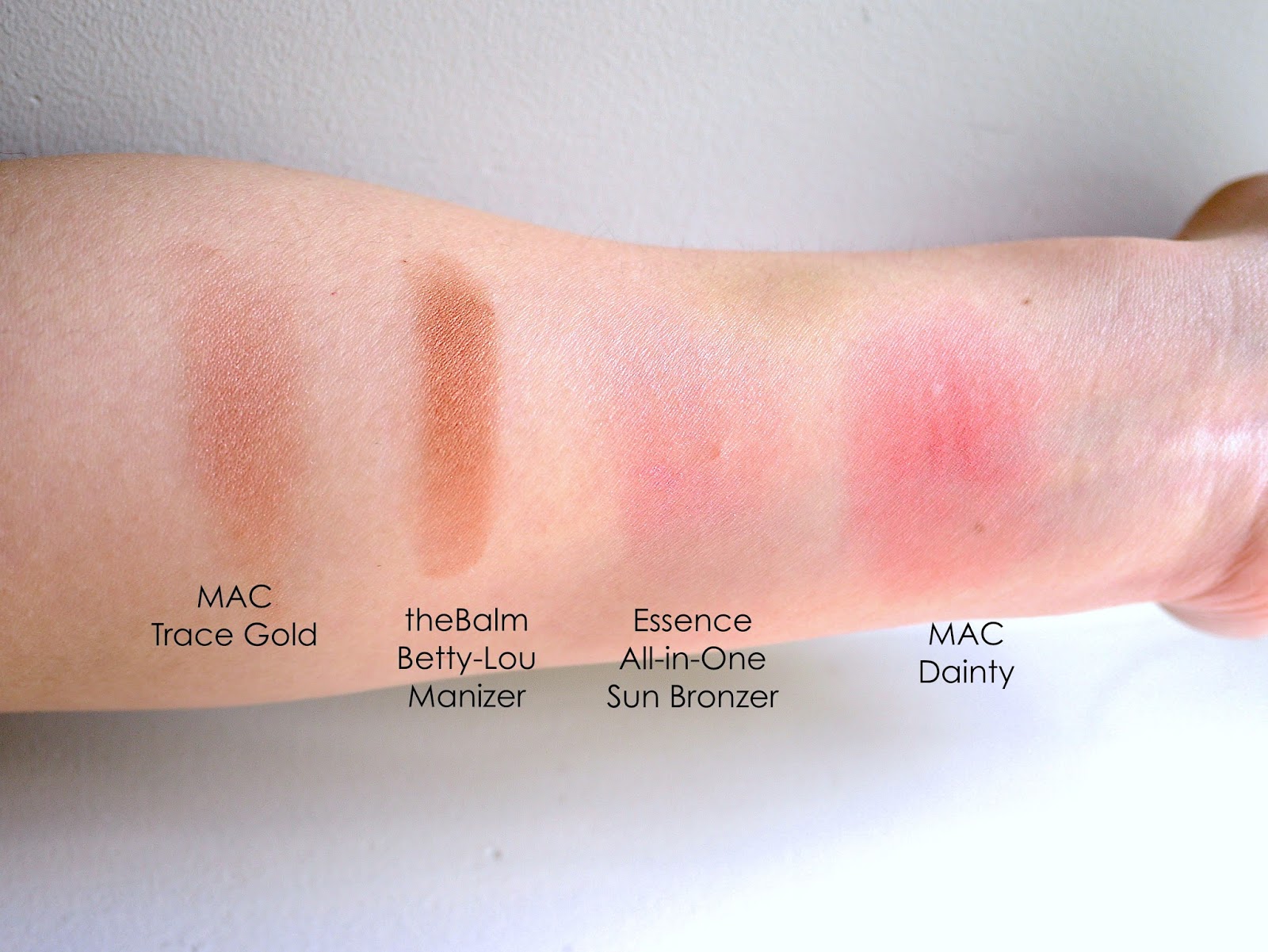 MAC trace gold theBalm Betty-Lou Manizer Essence All-in-One Sun Bronzer Mac Dainty blush swatch