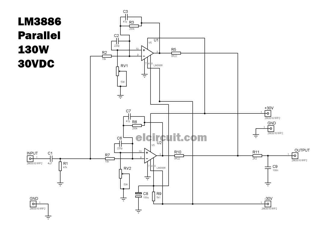 Parallel Gainclone Power Amplifier LM3886 - Electronic Circuit