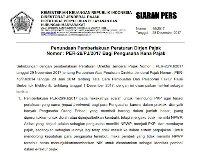 Penundaan Pemberlakuan PER-26/PJ/2017 Bagi Pengusaha Kena Pajak