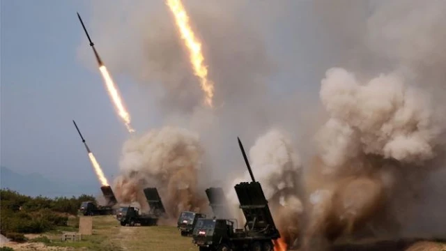 Image Attribute: The testing of multiple rocket launcher (MRL) at Hodi Peninsula Training Area, North Korea / Dated: May 4, 2019,/ Source: KCNA