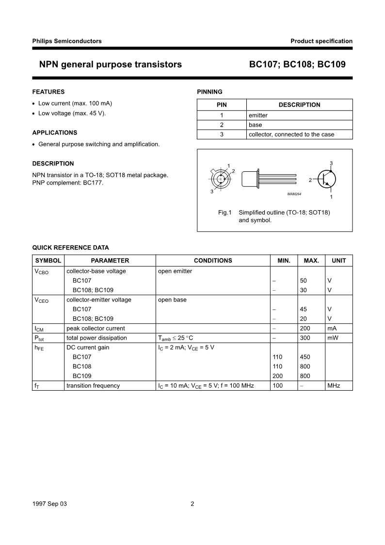 BC107/BC108/BC109 NPN Transistor Datasheet Electronic Component