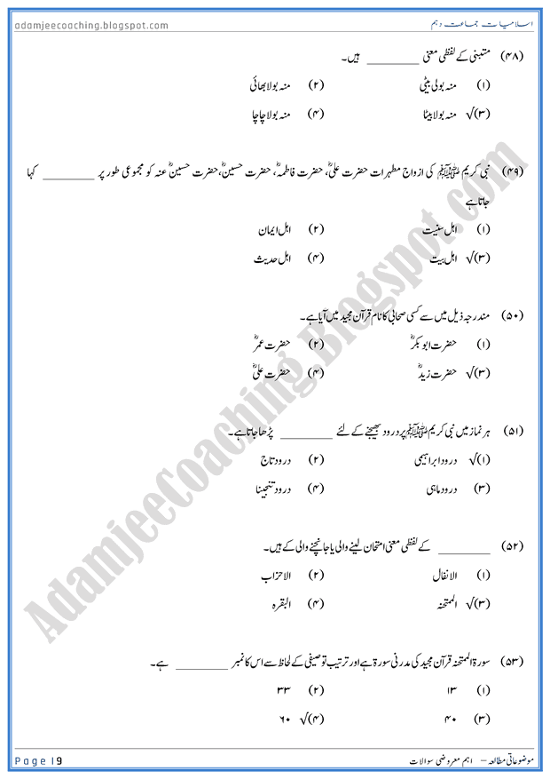 important-mcqs-islamiat-10th-