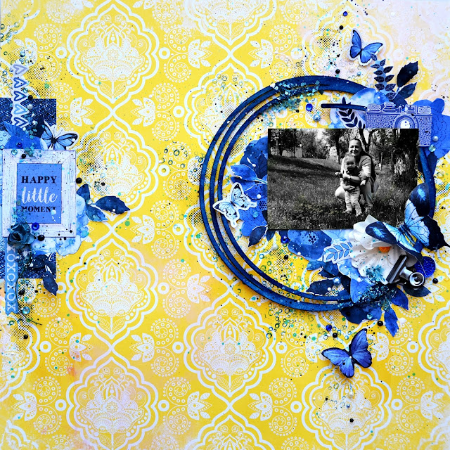 Scraps of Darkness scrapbook kits: Blue & Yellow mixed media layout w/our April 2017 kit, by Tatiana Yemelyanenko