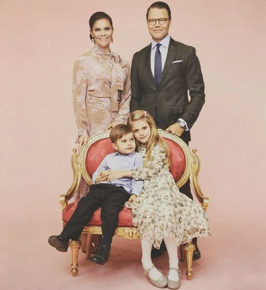 Crown Princess Victoria, Prince Daniel, Princess Estelle and Prince Oscar. Princess Estelle wore a floral dress by Bonpoint