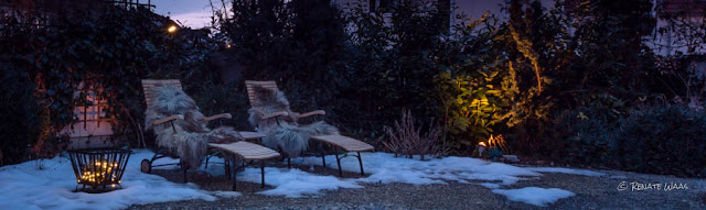 Solarbeleuchtung für einen schönen Garten im Winter - Lichterkette von Ikea im Feuerkorb. Eine günstige und sehr schöne Kombination im winterlichen Garten