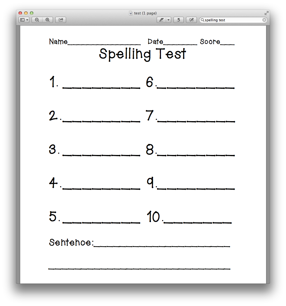 Spelling Test Template 10 Words