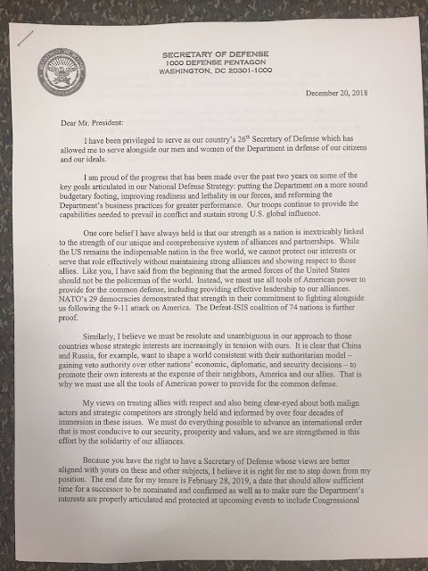 Page 1 of General Mattis' Resignation Letter, dated December 20, 2018