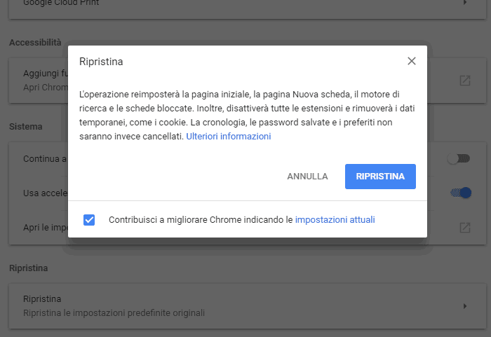Ripristinare pop up google