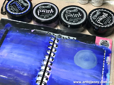 Dylusions paint in blue, purple, grey and black