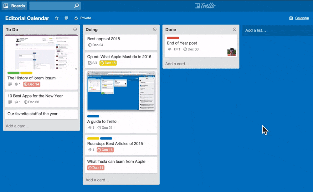 A Kanban board in Trello (credit to https://zapier.com/learn/project-management/kanban-board/)