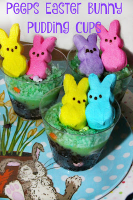 Peeps Easter Bunny Pudding Cups - a fun dessert made with chocolate cake, green pudding and coconut, and hidden candy eggs topped with Peeps Bunnies!