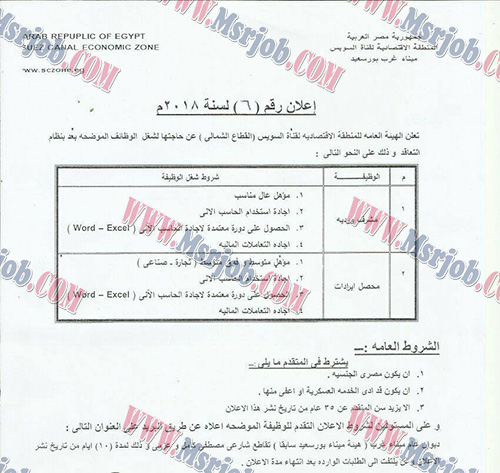 الاعلان الرسمي لوظائف الهيئة العامة للمنطقة الاقتصادية لقناة السويس رقم 6 و 7 لسنة 2018 جميع
