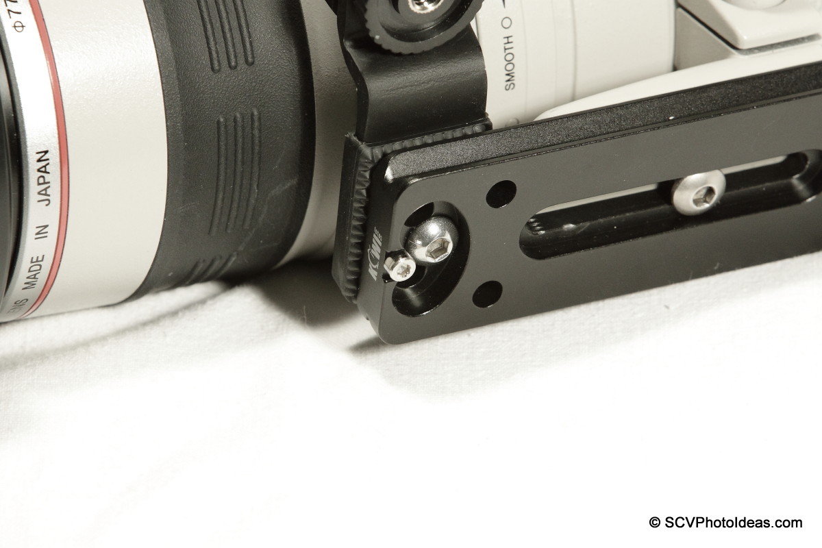Boling C-Shape Flash Bracket screwed on LP-100 lens plate -bottom