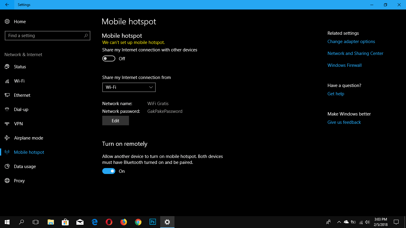 Cara Mengatasi We can't set up mobile hotspot pada Windows 10