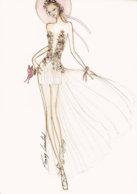 Robe de mariée dessin printemps en Provence mousseline de soie et pétales de fleurs collection robe de mariée @ FANNY LIAUTARD