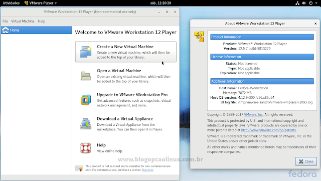 VMware Workstation Player executando no Fedora 26 Workstation, com ambiente de área de trabalho GNOME