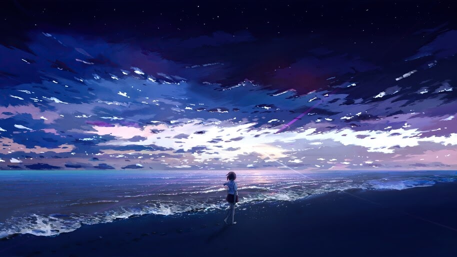 Anime, Beach, Sunrise, Seashore, Sea, Horizon, Scenery, 4K, #6.1002