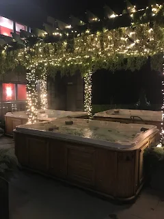 outisde hot tub with fairy lights and green hanging plants