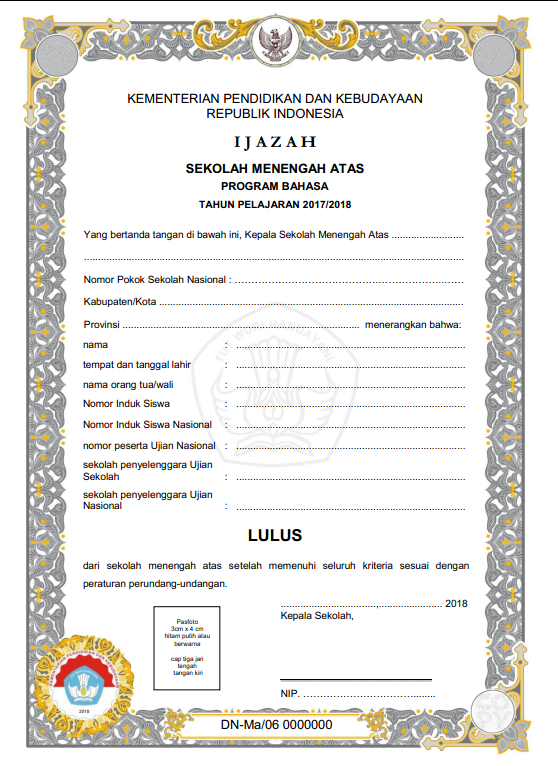 Blanko Ijazah SMA Tahun 2018 Program Bahasa Download Blanko Ijazah SMA Tahun 2018 Program Bahasa