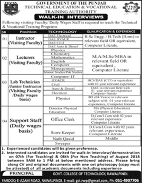 TEVTA Jobs August 2018 Islamabad