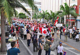 Canadian group marching down Kokusai Street, Naha, Okinawa
