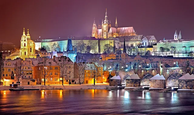 view of Prague at night in winter 