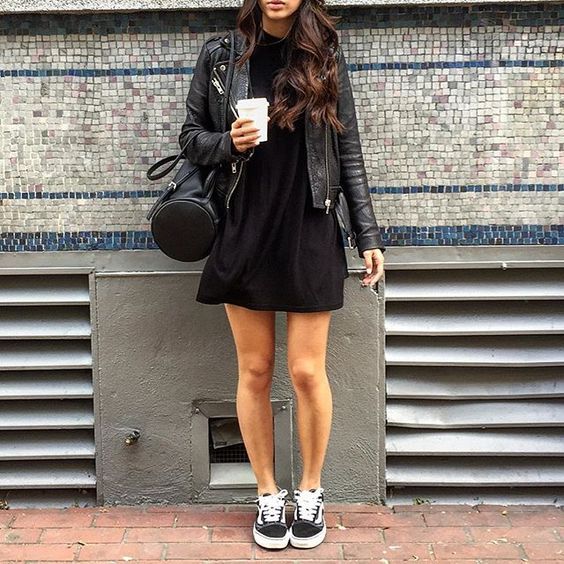 Street Style - Leather Jacket + Black Vans Old Skool Sneakers