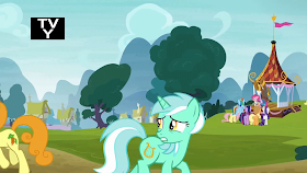 Ponies run from the sounds of Pinkie Pie playing including Carrot Top and Lyra Hearstrings