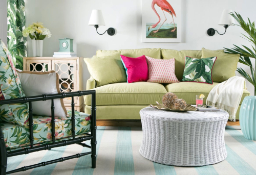 Tropical Island Living Room Idea with Green Sofa
