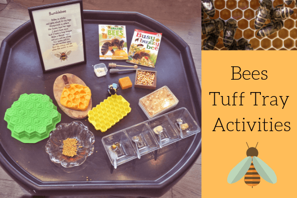 bees tuff tray activity - tuff tray set up with resources for learning about bees