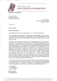 <p class="docs">Letter from John McKenzie, Legal Services Commissioner</br>2 June 2015, untrue statements</p>