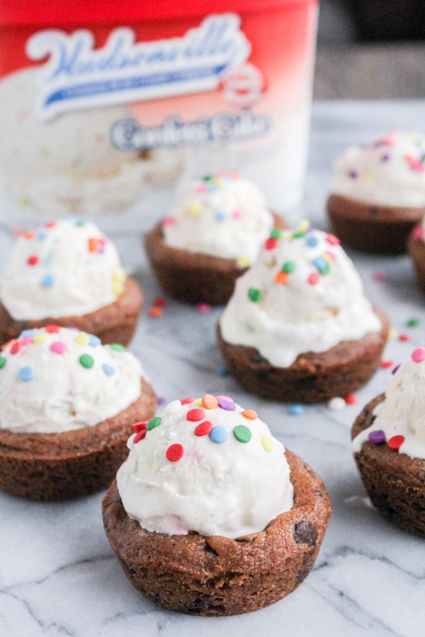 These fun and festive three ingredient Confetti Cake Ice Cream Cookie Cups are perfect for any celebration, or just as a special treat for family and friends!