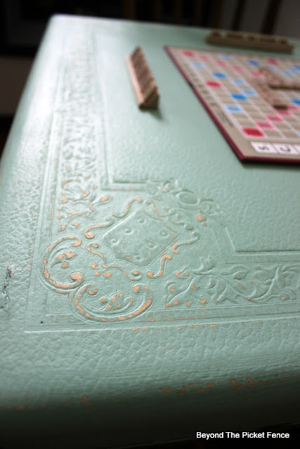 fusion mineral paint, embossed table, card table, blue paint, makeover, upcycled, http://bec4-beyondthepicketfence.blogspot.com/2016/04/fusion-blues-giveaway.html