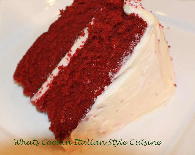 Red velvet cake made with a cake mix and semi homemade with cream cheese frosting