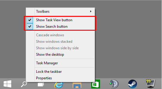 Fitur Windows 10: Menyembunyikan tombol pencarian dan Task View