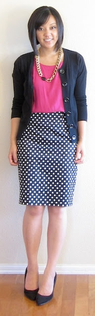 Outfit Post Pink Silk Blouse Navy Cardigan Polka Dot Pencil Skirt