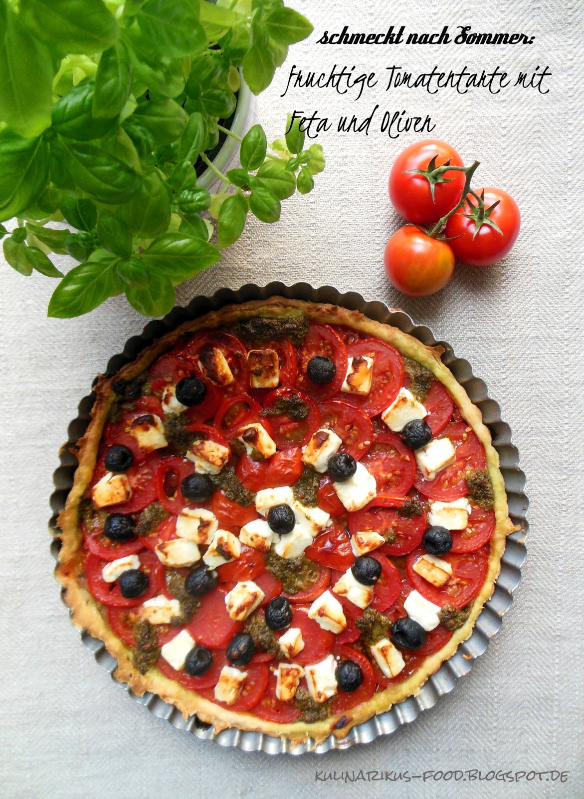 Kulinarikus: Tomatentarte mit Feta, schwarzen Oliven und Pesto