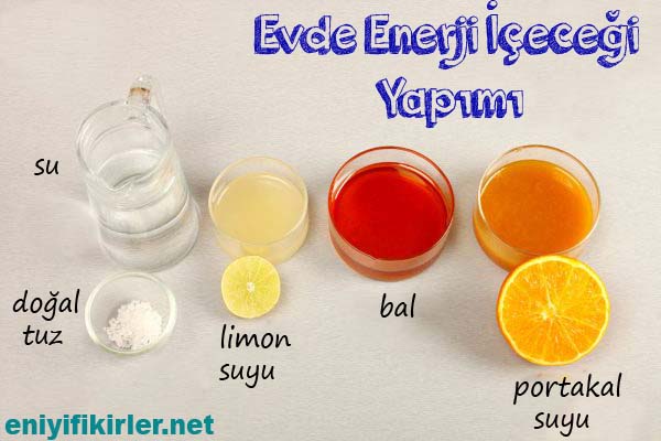 Evde Organik Enerji İçeceği Yapımı portakallı limonlu enerji içeceği yapımı malzemeleri