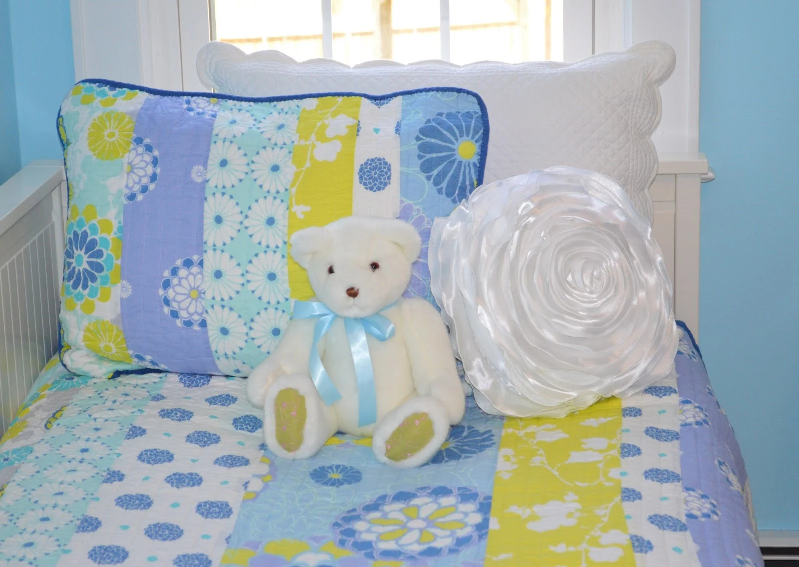 Blue GIrl's Bedroom With teddy bear on bed