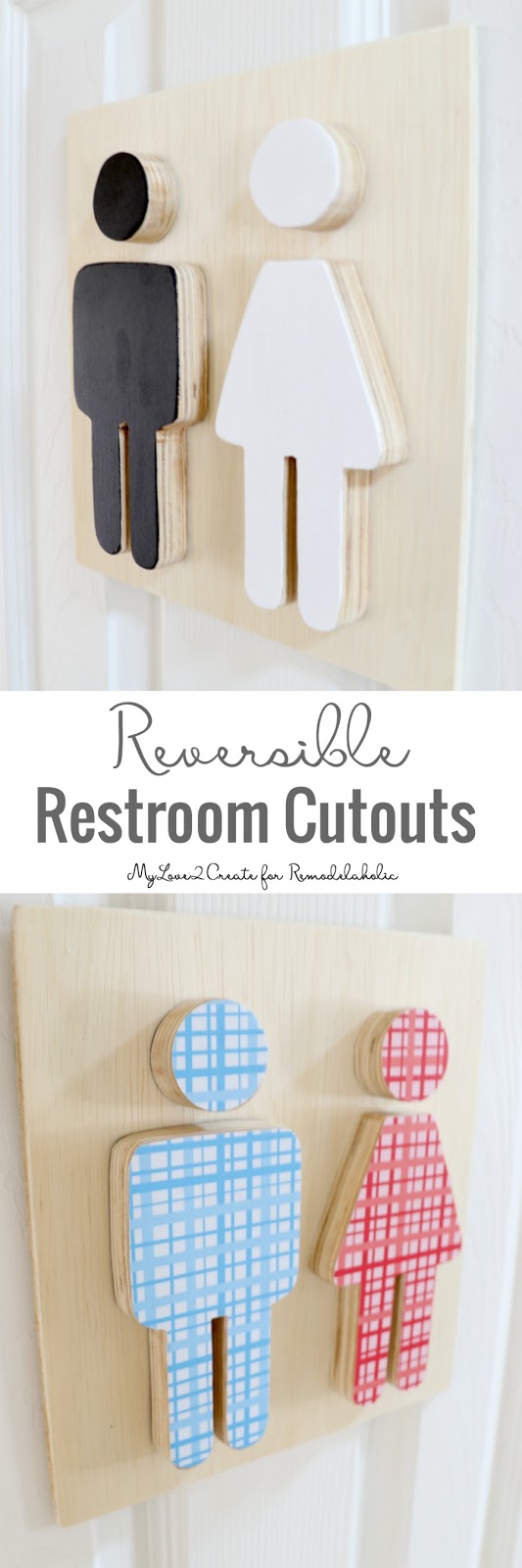 Put your plywood scraps to work and help guests know which door is the restroom with these adorable and easy boy-girl restroom cutout signs. 