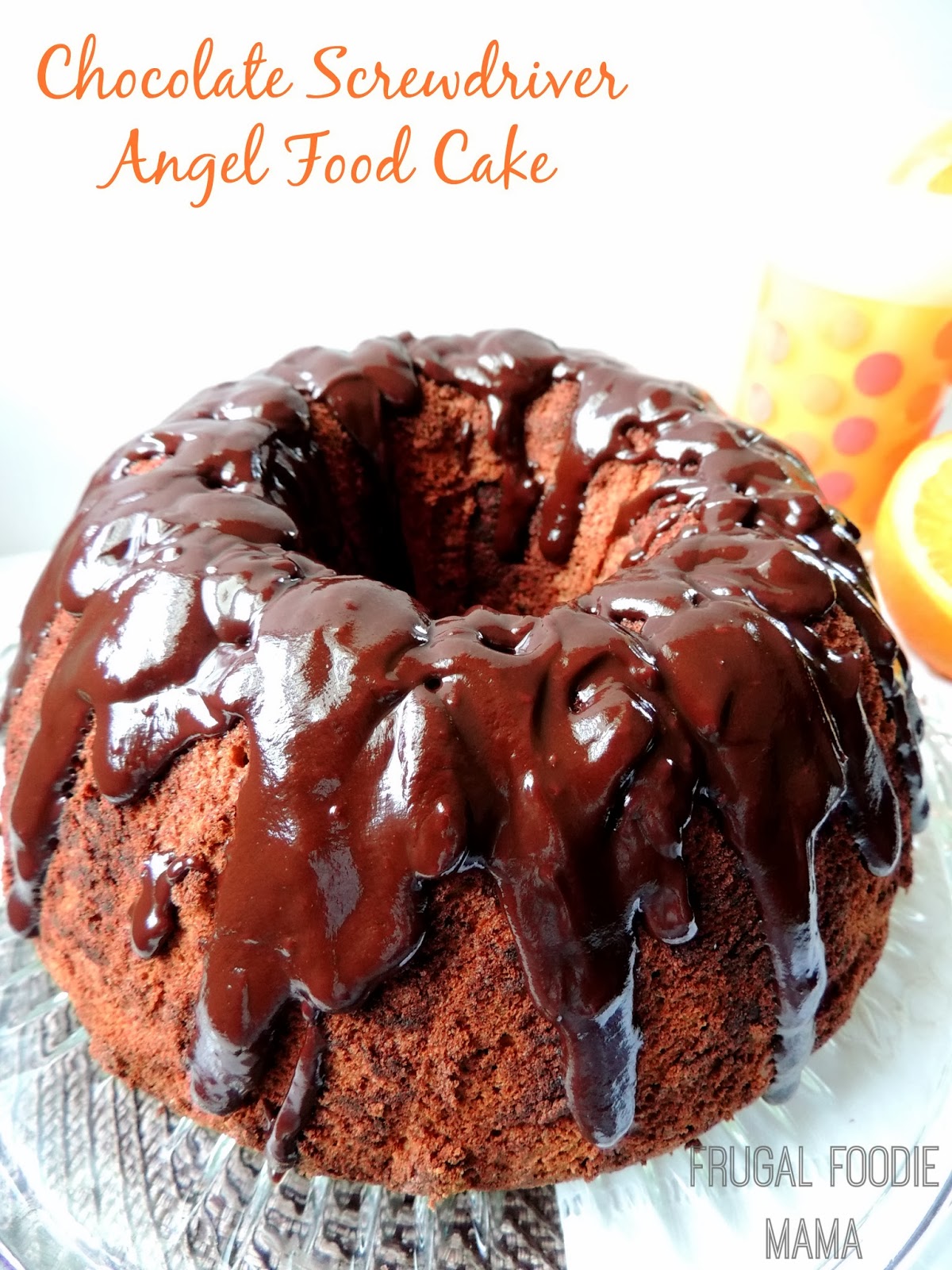 This Chocolate Screwdriver Angel Food Cake is a light, airy chocolaty orange angel food cake with a rich, gooey chocolate ganache glaze oozing down each slice of it.
