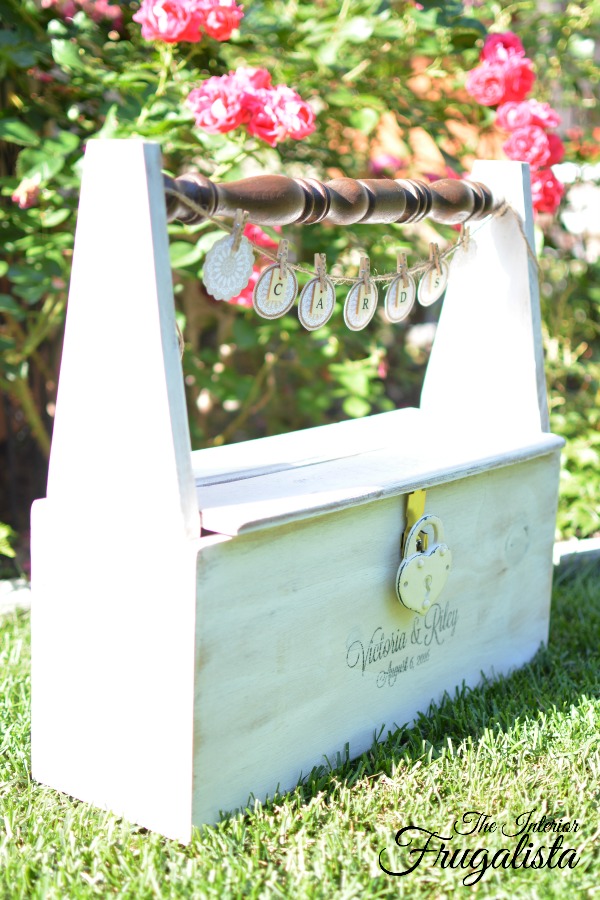 How to build a rustic wedding card caddy for an outdoor wedding with a unique repurposed chair spindle handle and lid with card slot and cute banner.