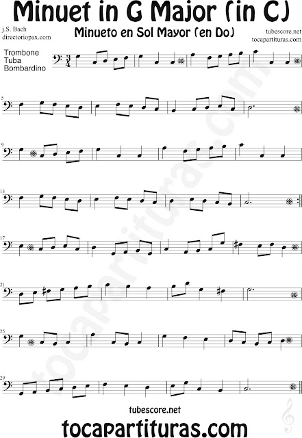 Partitura del Minueto en Do Mayor de Bach para Trombón, Tuba Elicón y Bombardino by Minuet in C Major Sheet Music for Trombone, Tube, Euphonium by Bach Music Scores