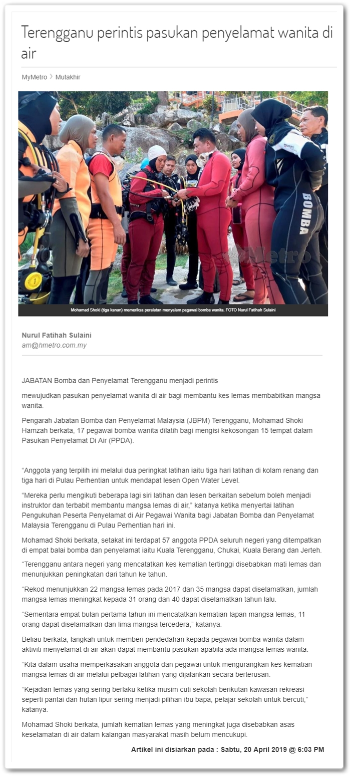 Terengganu perintis pasukan penyelamat wanita di air - Keratan artikel Online HMetro 20 April 2019