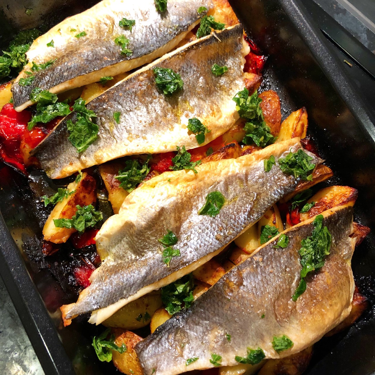 Harissa Sea Bass Tray Bake