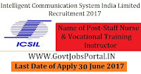 Intelligent Communication Systems India Limited Recruitment 2017–Vocational Training Instructor, Staff Nurse