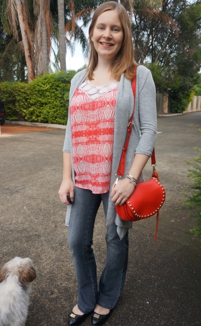 Away From Blue | printed Tank, Flared Jeans, ballet flats, Rebecca Minkoff cross body saddle bag