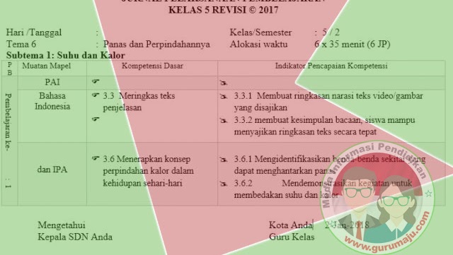 Download Jurnal Kelas 5 Sd Semester 2 K13 Revisi 2017 Guru Maju